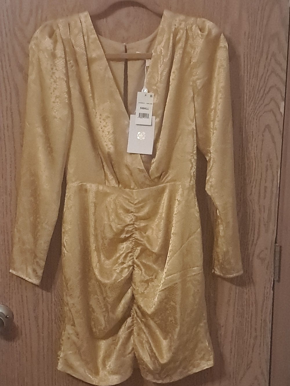 Wayf Gold Long-Sleeve V-Neck Ruched Dress